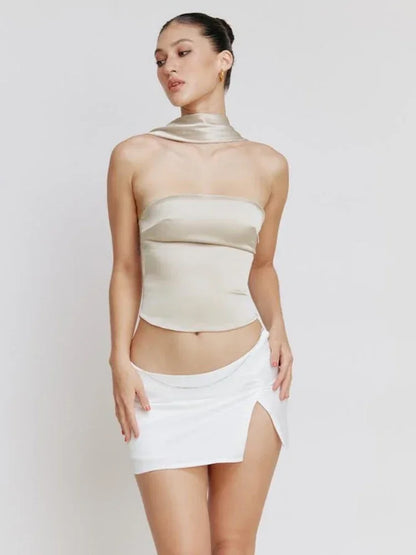 Halter Backless Satin Crop Tops