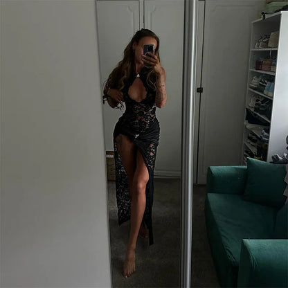 Hollow Out Lace High Slit Dress