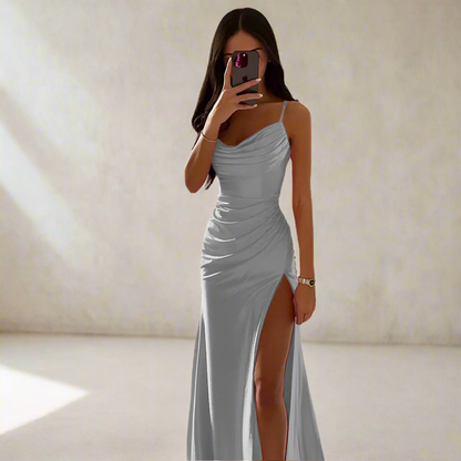 Strapless Pleated Satin Slit Dress