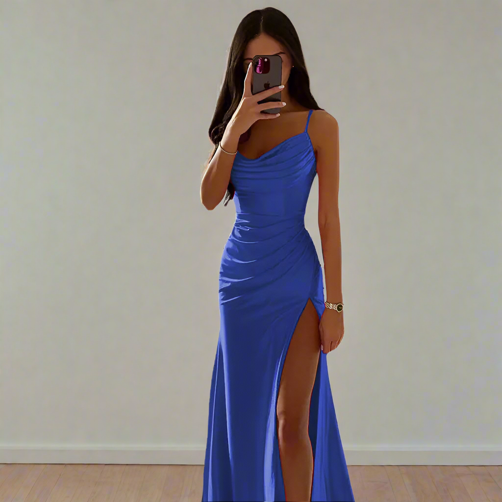 Strapless Pleated Satin Slit Dress