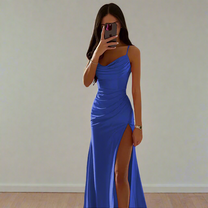 Strapless Pleated Satin Slit Dress