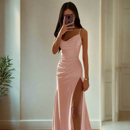 Strapless Pleated Satin Slit Dress