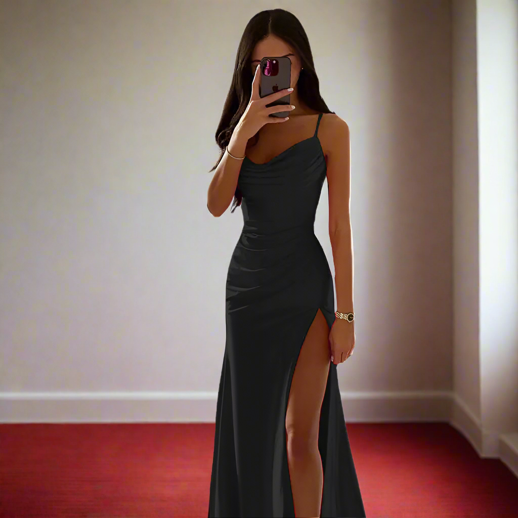 Strapless Pleated Satin Slit Dress
