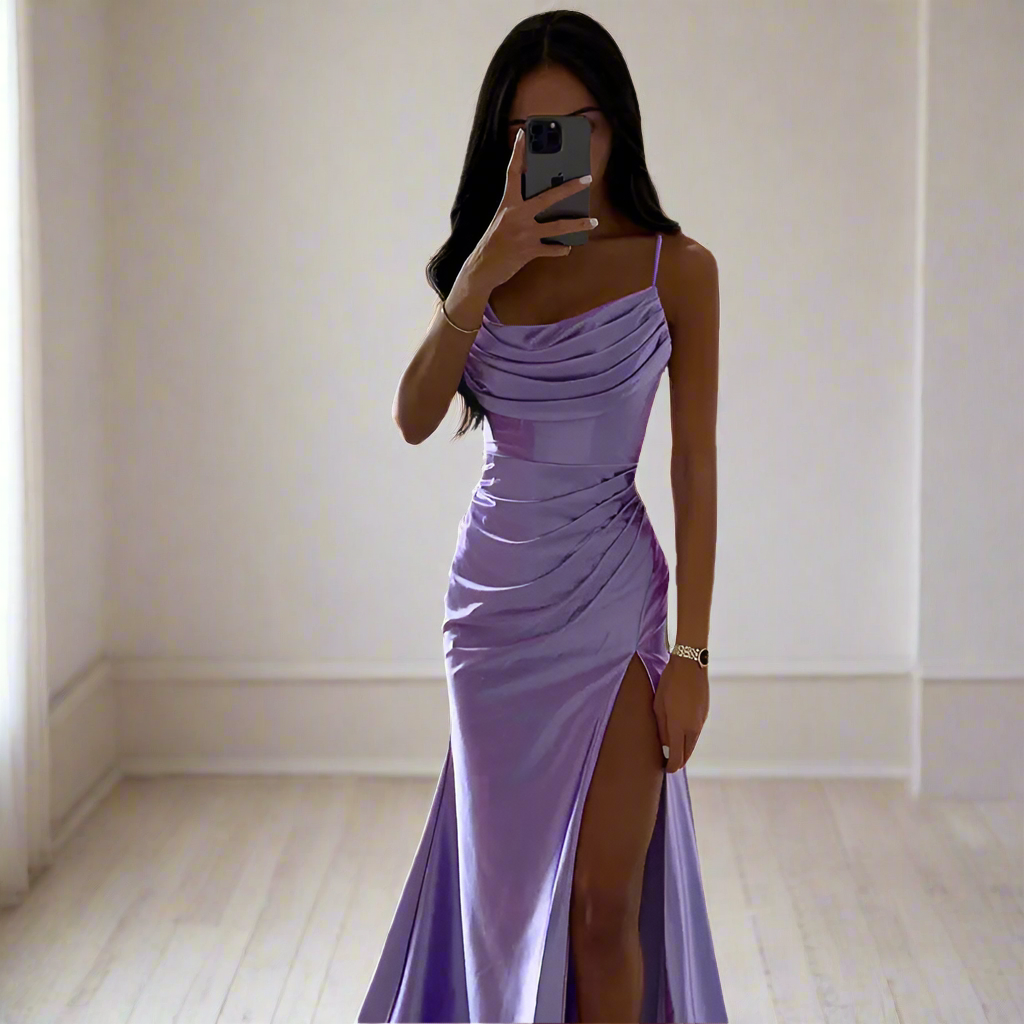 Strapless Pleated Satin Slit Dress