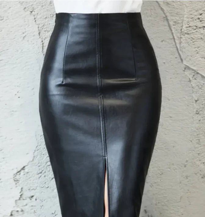 Half-Length Leather Skirt with Hip-Spli