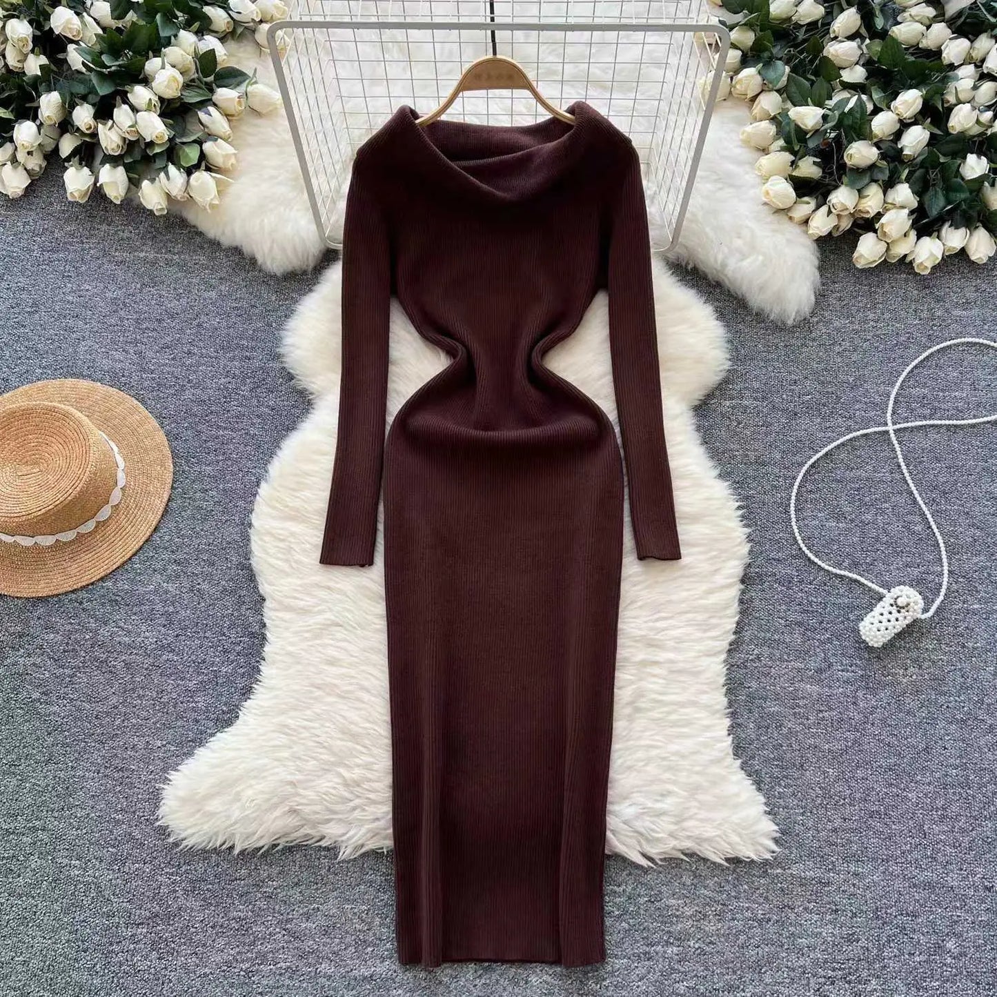 Off-Shoulder Knit Sheath Dress
