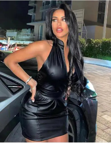 Ravenna – PU Leather Slit Suspender Skirt Dress