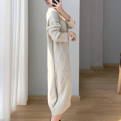 Apricot Cable-Knit Sweater Dress