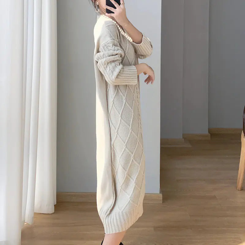 Apricot Cable-Knit Sweater Dress