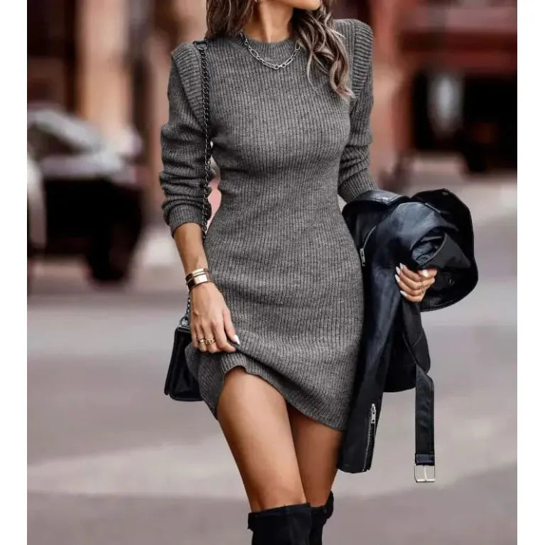 Solid Color Round Neck Long Sleeve Sexy Dress Sweater