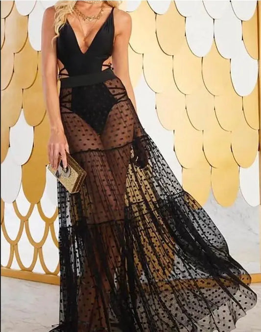 Noir Polka Sheer Skirt | Black Mesh Maxi Cover-Up
