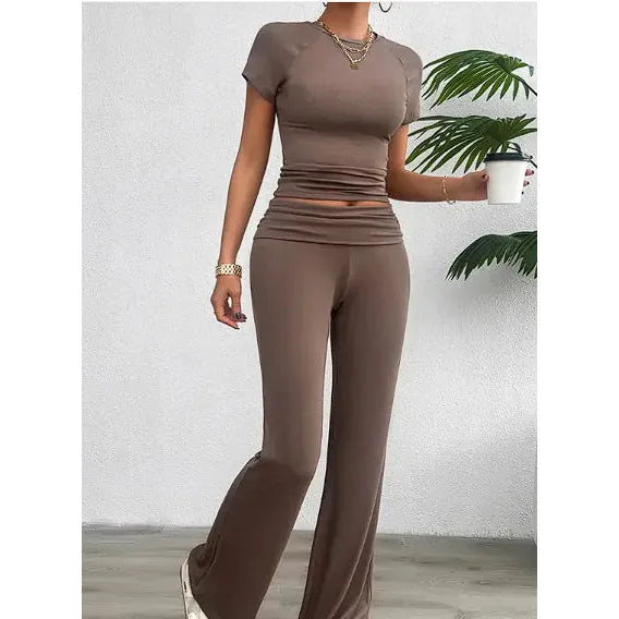 "Chic Solid Color Short Sleeve Trousers Suit"