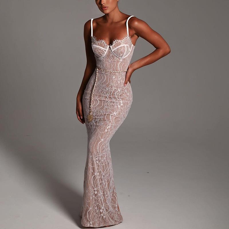 Lace Spliced Sling Long Dress
