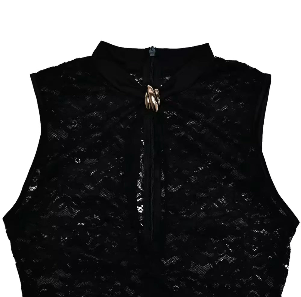 Hollow Out Lace High Slit Dress