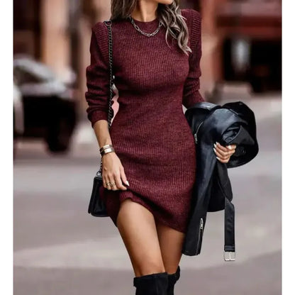 Solid Color Round Neck Long Sleeve Sexy Dress Sweater