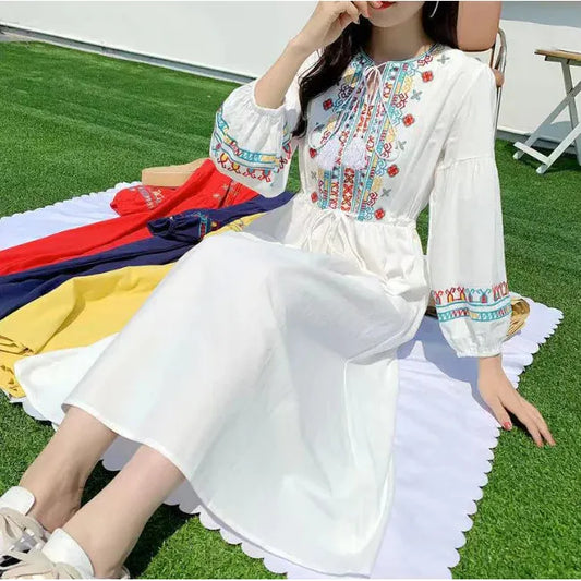 Embroidered Dress with Puff Sleeves and Waist Tie (One Piece)