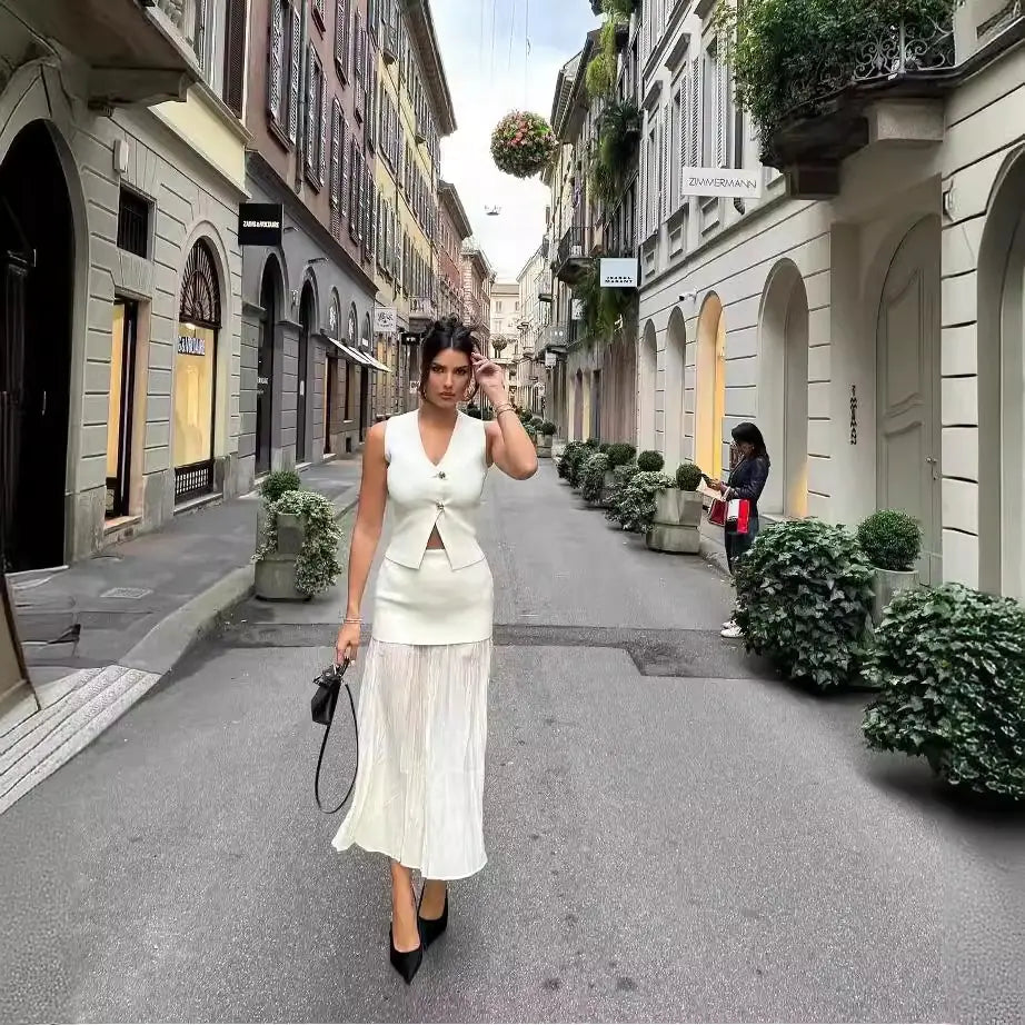 Women's Knitted Vest & Pleated Skirt Set