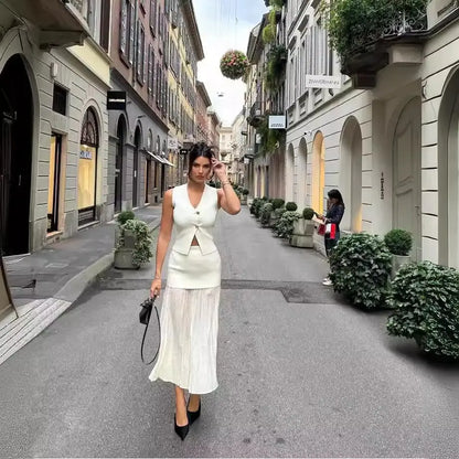 Women's Knitted Vest & Pleated Skirt Set