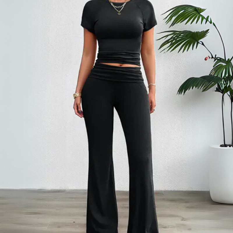 "Chic Solid Color Short Sleeve Trousers Suit"