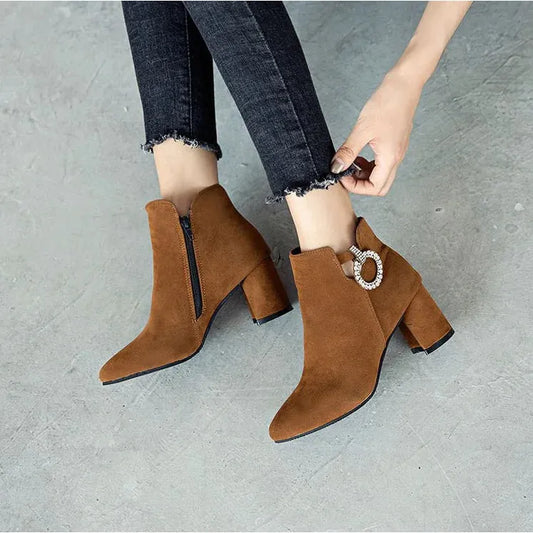 Chunky Heel Ankle High Suede Short Boots