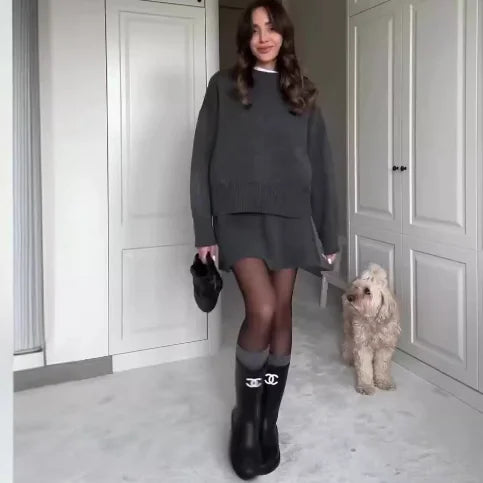 Solid Casual Preppy Knit Short Set (One Set)