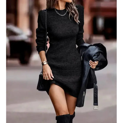 Solid Color Round Neck Long Sleeve Sexy Dress Sweater